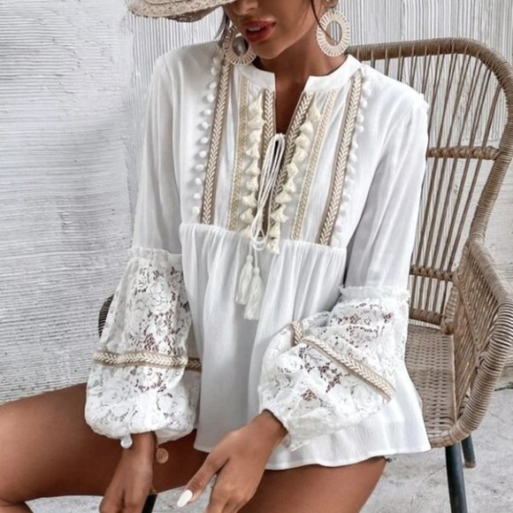 Boho Tassel & lace Detail Peplum Blouse - Picture 4 of 6